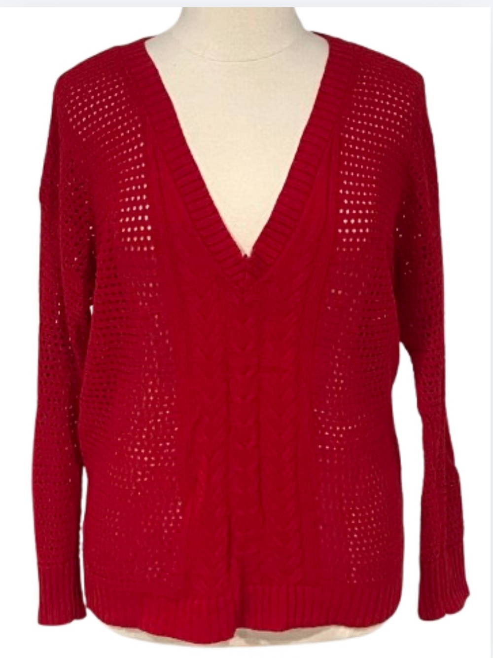 Bright Red V-Neck Open Knit Sweater